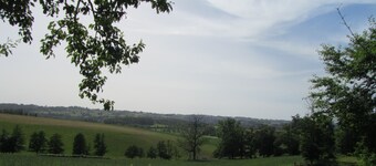 In de groene een vakwerkhuis met rustgevende verlichting.