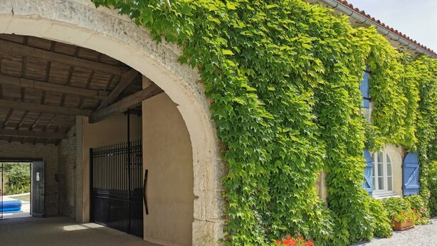 A building with a stone archway, a metal gate, and a wall covered in green ivy. - Family 2-bedroom gîte - Cognac countryside, pool, games room, pet friendly (Segonzac)