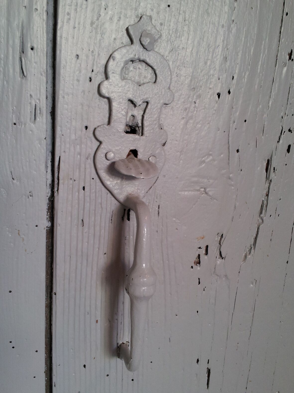 A door with a white, weathered surface and a brass door knocker.