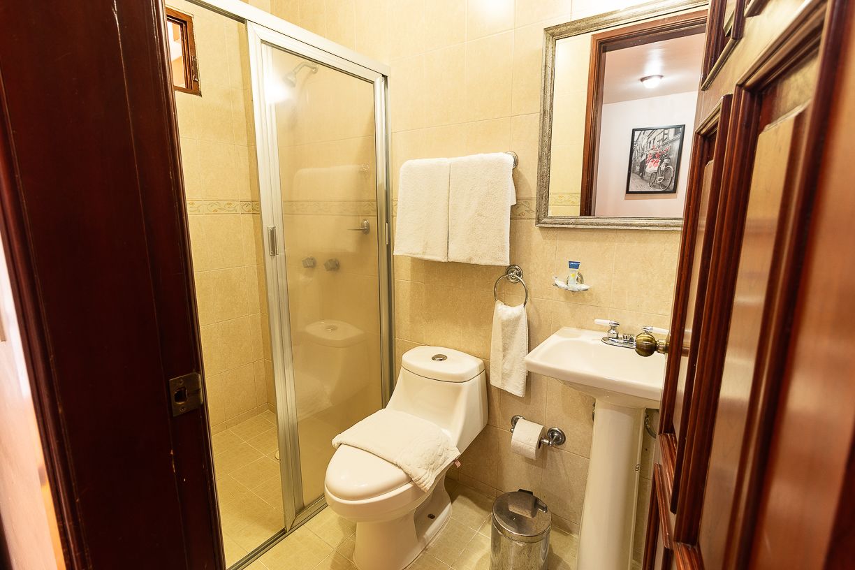 A bathroom with a glass-enclosed shower, a toilet, a sink, and a mirror.