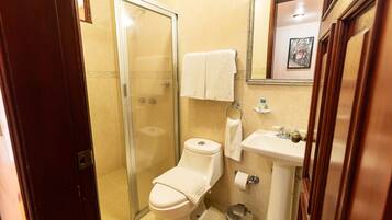 Un baño con ducha de vidrio, inodoro, lavamanos y espejo.