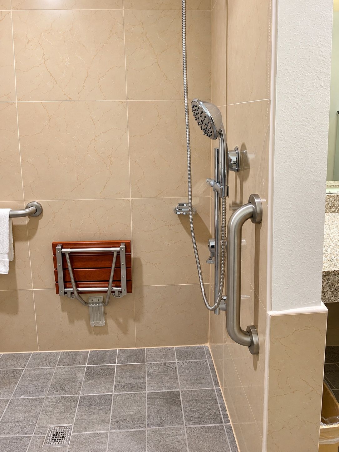Zona de ducha con cabezal de ducha manual, rociador de mano y barra de apoyo.