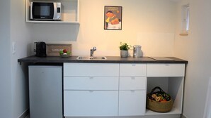 A compact kitchen with a microwave, sink, and a small refrigerator. There is a basket with fruits and a potted plant on the counter. - Studio Colonel - Sleeps 4 (Castelsarrasin)