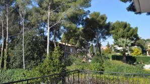 Zona residencial com uma casa rodeada por árvores e um jardim bem cuidado.