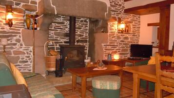 Smart-tv, een open haard, een dvd-speler en boeken