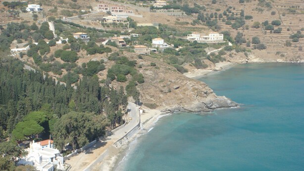 A coastal area with a beach, buildings, and a road. - Apartments In Stenies, Andros, Cyclades Islands, Greece With Panoramic Views (Andros)
