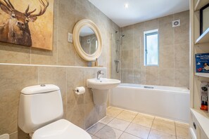 Combined shower/tub, hair dryer, towels