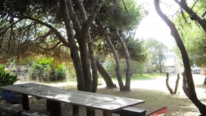 Uma mesa de piquenique com bancos e uma cadeira dobrável numa área arborizada.