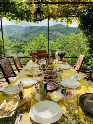 Une table dressée pour un repas, avec vue sur une chaîne de montagnes boisée.