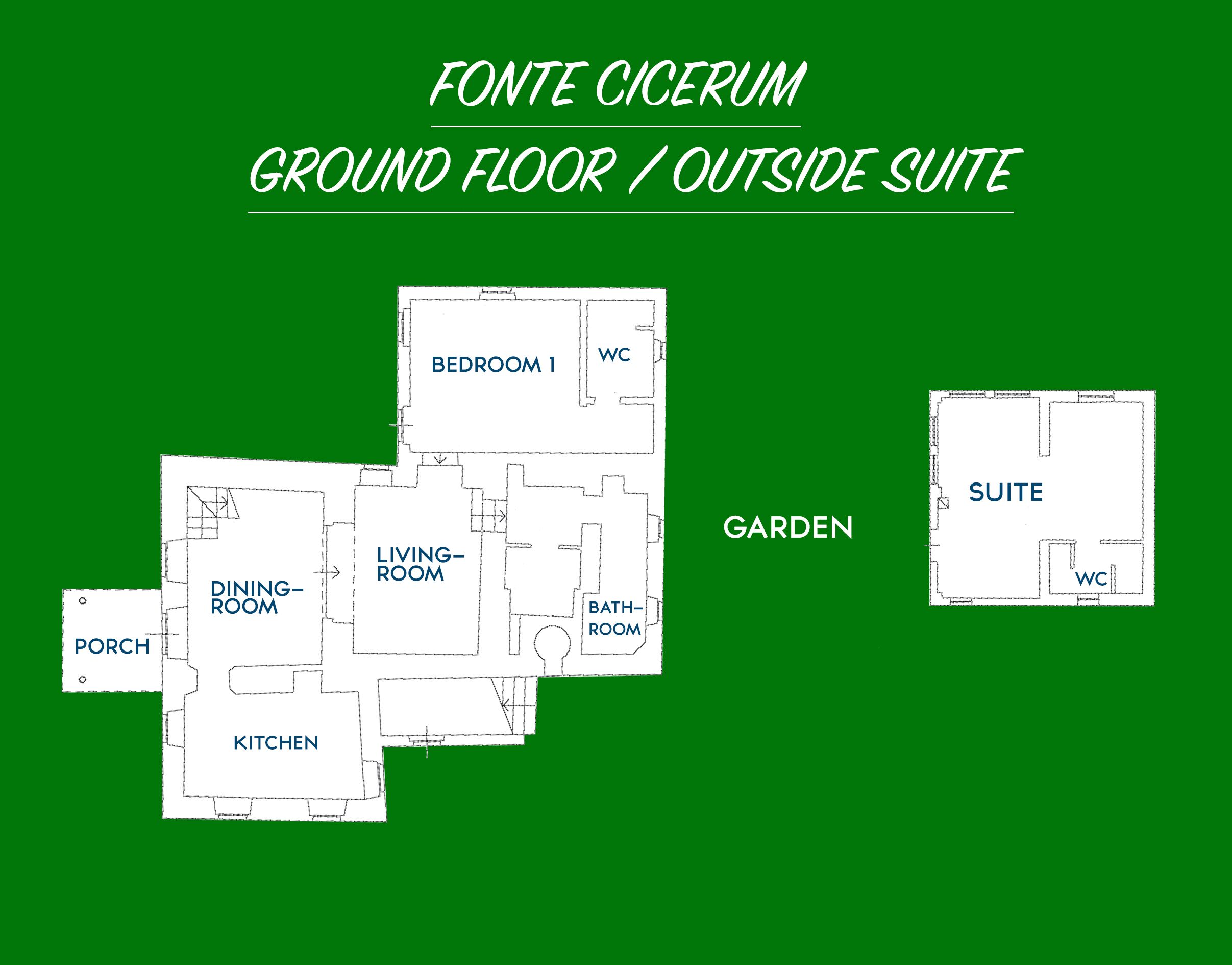 A ground floor layout of Fonte Cicerum with a garden, including a suite, bedroom, living room, dining room, kitchen, bathroom, and porch.