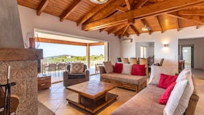 Amplia sala de estar con un alto techo de madera, una chimenea de piedra y vistas al exterior.