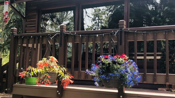 Een houten terras met een leuning, versierd met lichtslingers en plantenbakken met kleurrijke bloemen.