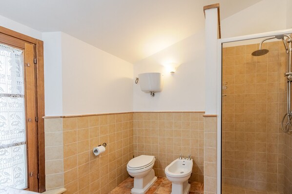 A bathroom with a toilet, bidet, and shower. - CASA BAIOCCO 9 - PRIVATE VILLA WITH HEATED POOL AND JACUZZI (città della pieve)