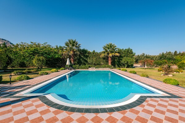 A rectangular swimming pool with a tiled deck, surrounded by greenery and palm trees.
