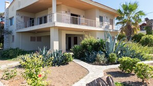 A two-story building with a balcony, surrounded by a garden with various plants and a palm tree. - Studio on the sunset beach (Attiki)