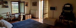 Une chambre à coucher comprenant un lit, une chaise, une commode, un radiateur, un téléviseur et une fenêtre donnant sur un paysage verdoyant.