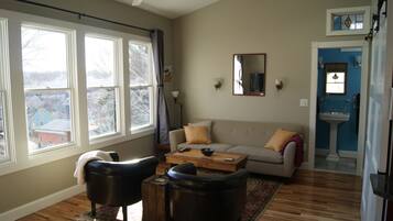 Smart TV, fireplace, books