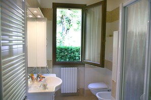 Regadera, secadora de cabello, bidet, toallas 