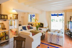 Smart TV, fireplace, DVD player, books