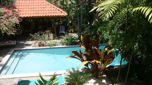 Una piscina envoltada de vegetació tropical abundant i una estructura de teulada emblenquinada.
