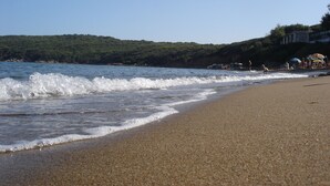Una playa con olas, una ladera boscosa y sombrillas de playa.
