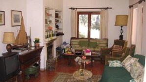Een gezellige woonkamer met een groene bank, een houten salontafel en een open haard. Een boekenplank is gevuld met boeken en decoratieve objecten, en er is een raam met gordijnen.