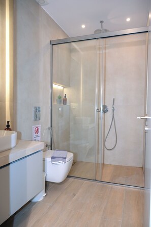 Hair dryer, towels, soap, shampoo