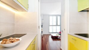 Fridge, stovetop, cookware/dishes/utensils