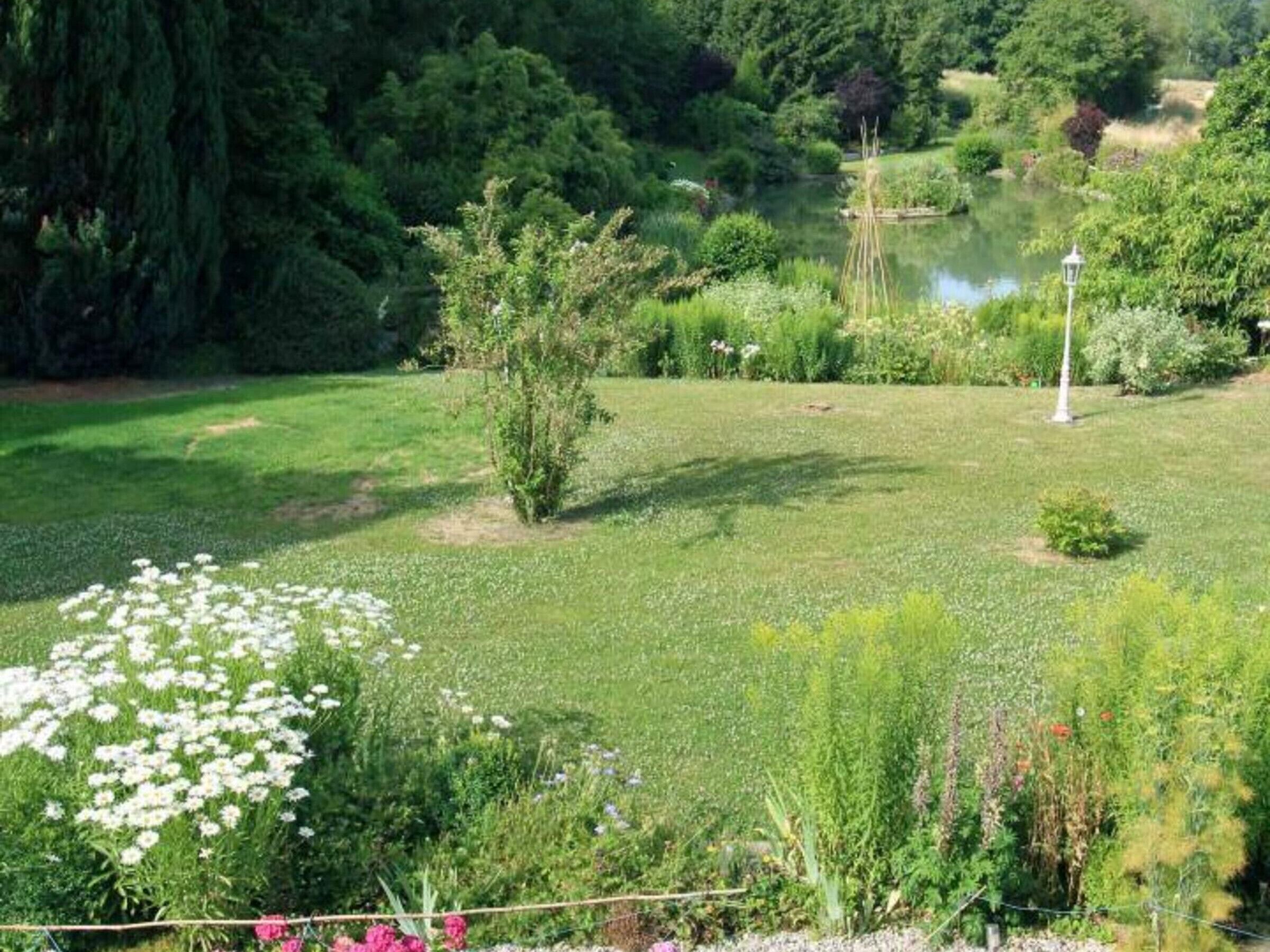 A garden with a pond, various plants, and a lamp post.