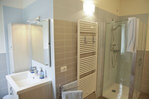 Bathroom features a large mirror, sink, glass shower enclosure, and towel rack.