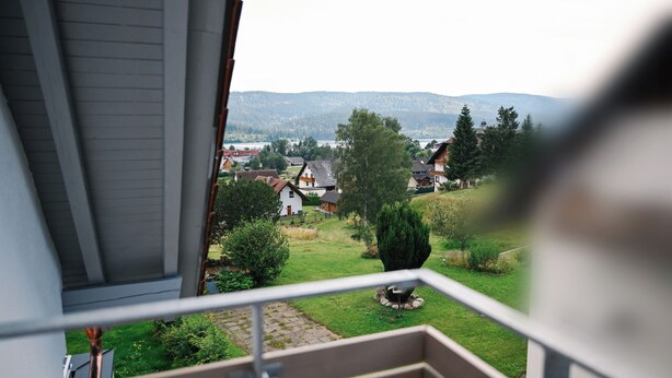 Blick vom Balkon auf ein Wohngebiet mit Häusern, Bäumen und Hügeln in der Ferne.