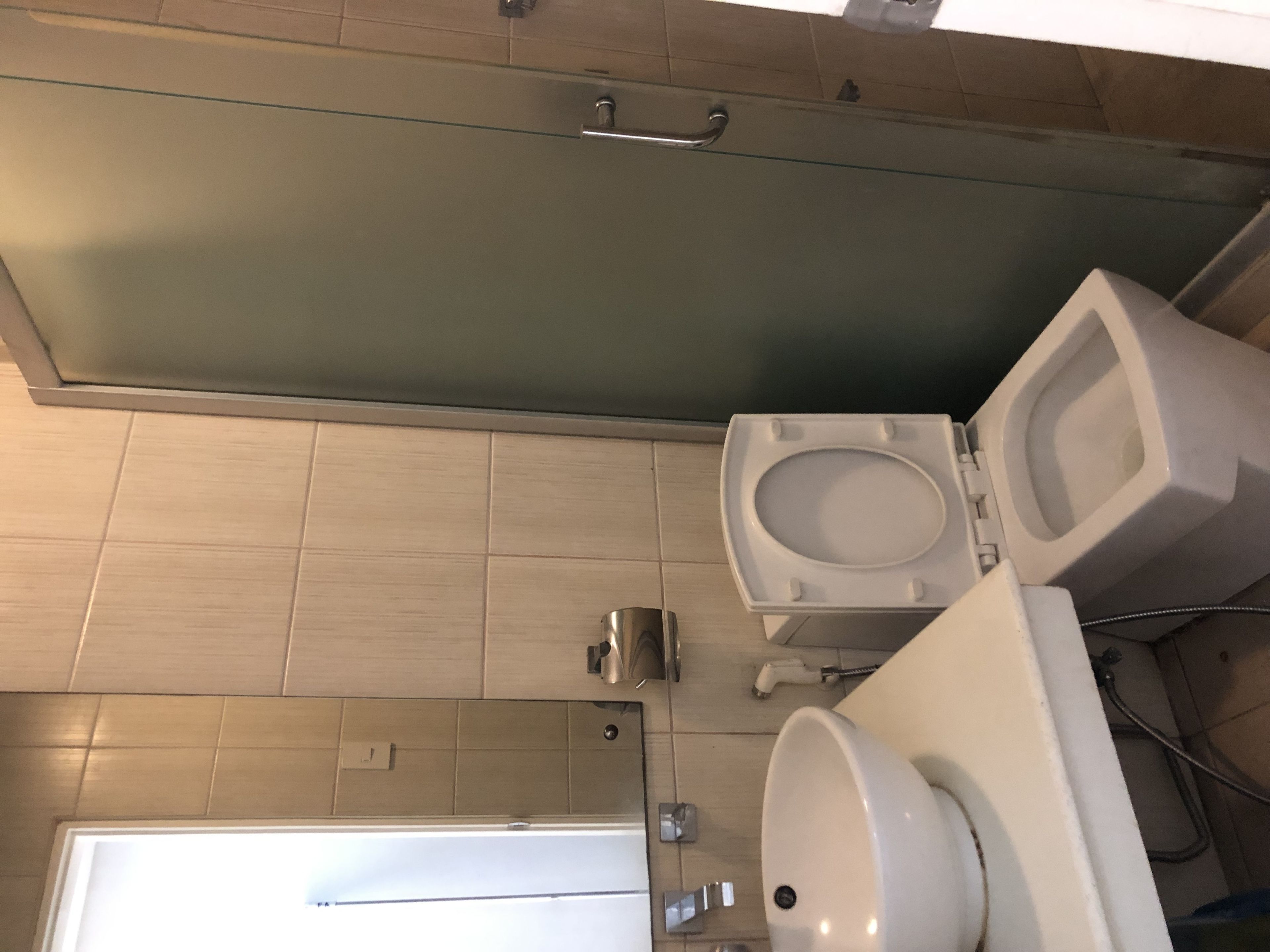 A bathroom with a toilet, a shower, and a glass-enclosed cabinet.