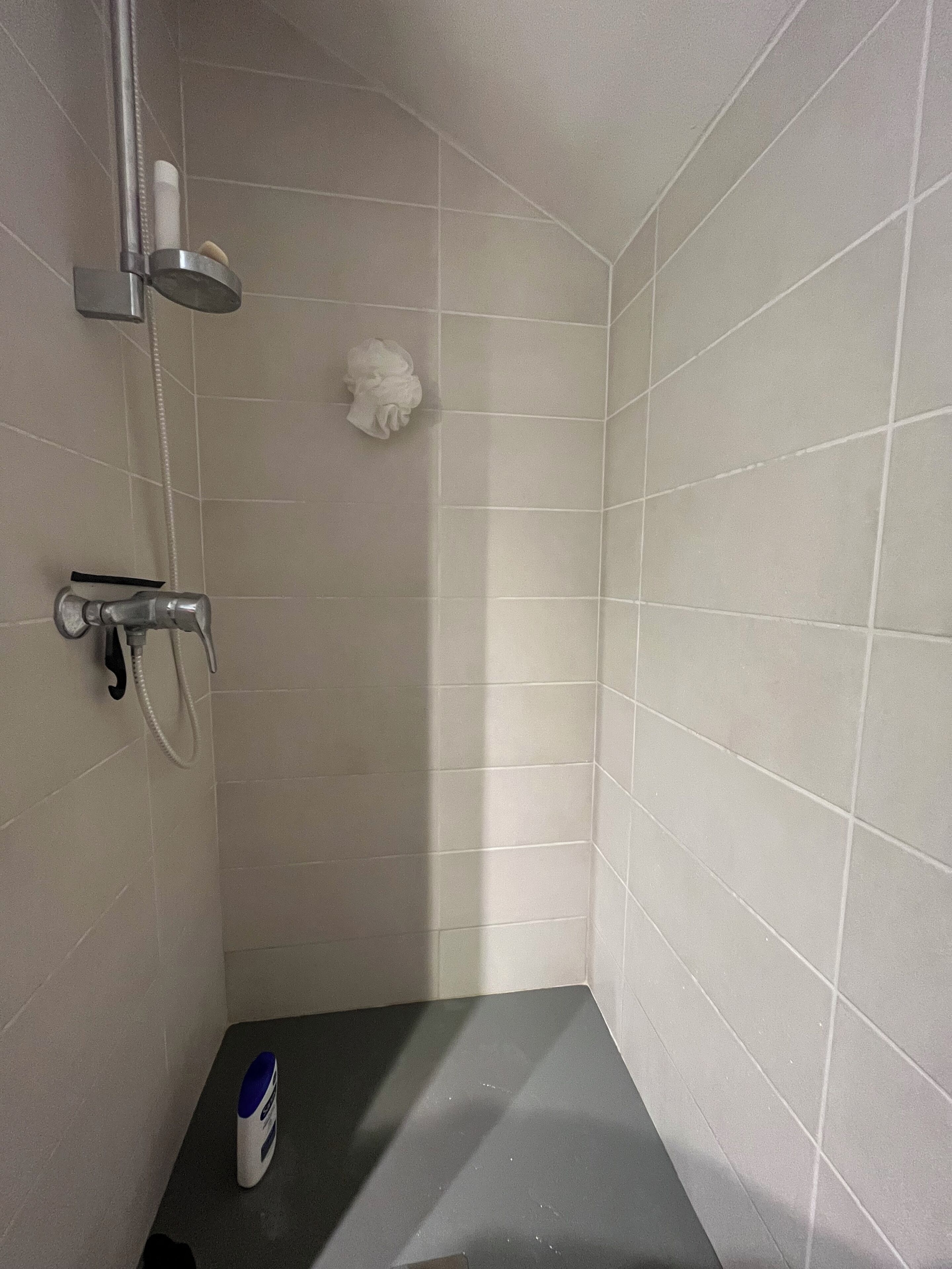 A small, tiled shower area with a handheld showerhead, a towel dispenser, and a soap dispenser.