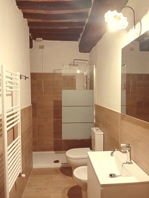 Tina con regadera, secadora de cabello, bidet, toallas 