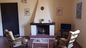 Un salon avec une cheminée, deux fauteuils, une table basse et un téléviseur.