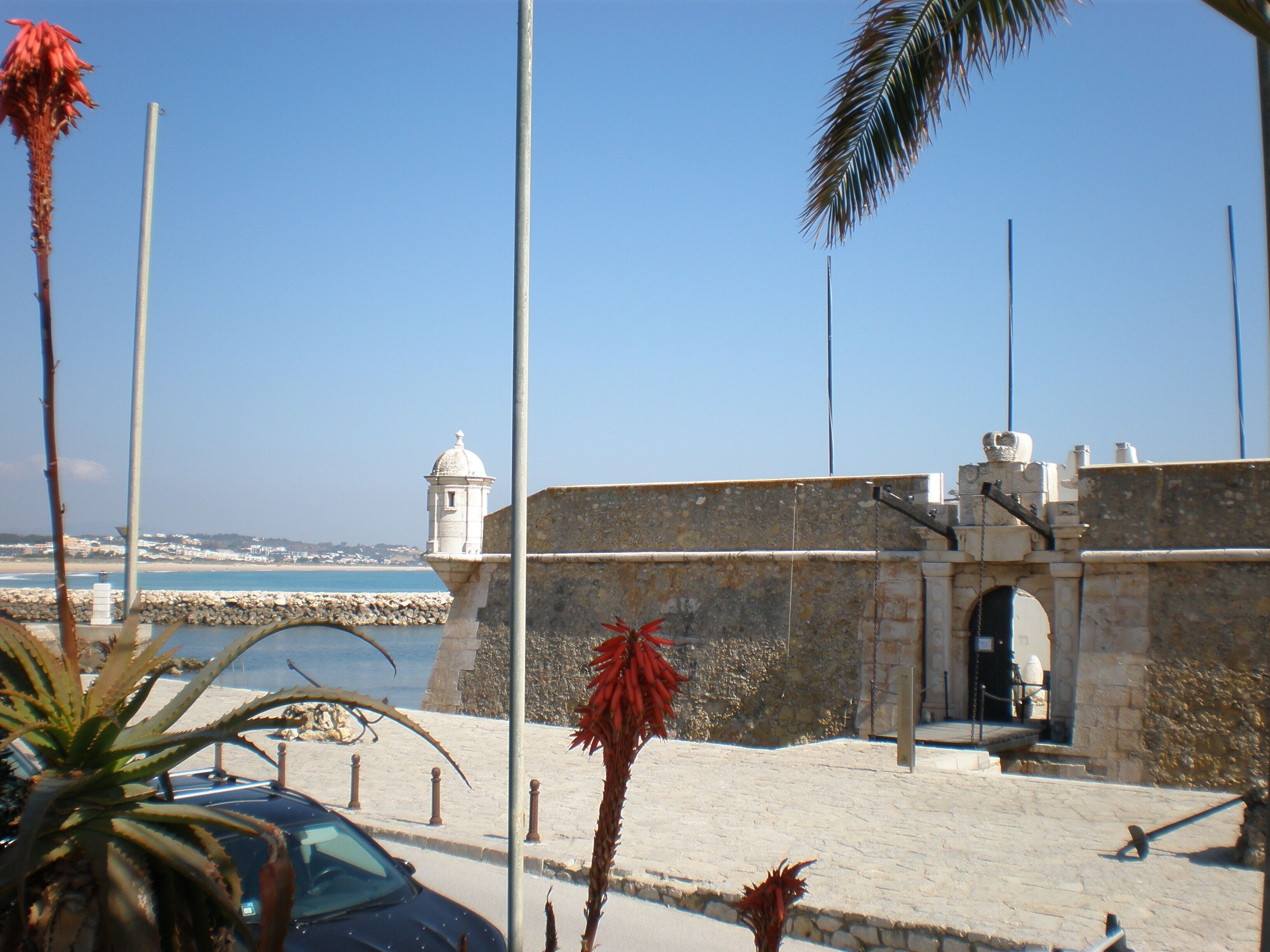 Una fortificación costera con vistas despejadas al mar, una torre pequeña y una palmera en primer plano.