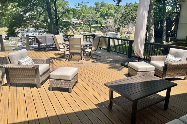View of deck with furniture.