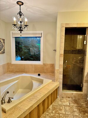 Combined shower/tub, jetted tub, hair dryer, towels