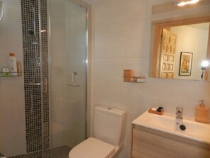 Ein Badezimmer mit Duschkabine, Toilette und Waschbecken mit Pflegeprodukten.