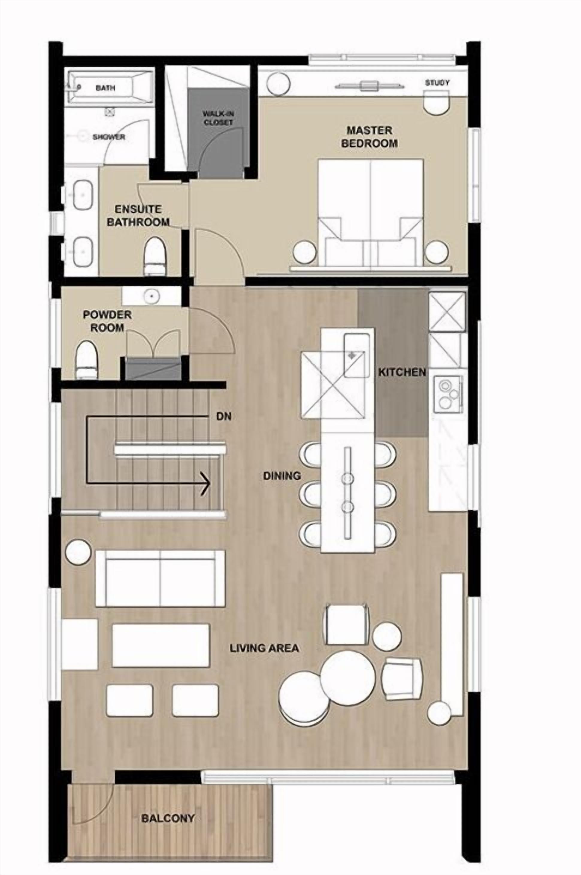 Plano de planta de una habitación de hotel que incluye dormitorio principal, baño privado, aseo, comedor, sala de estar, balcón, cocina, estudio y vestidor.