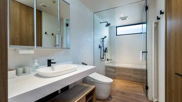 A modern bathroom with a white sink, a toilet, and a glass-enclosed shower.