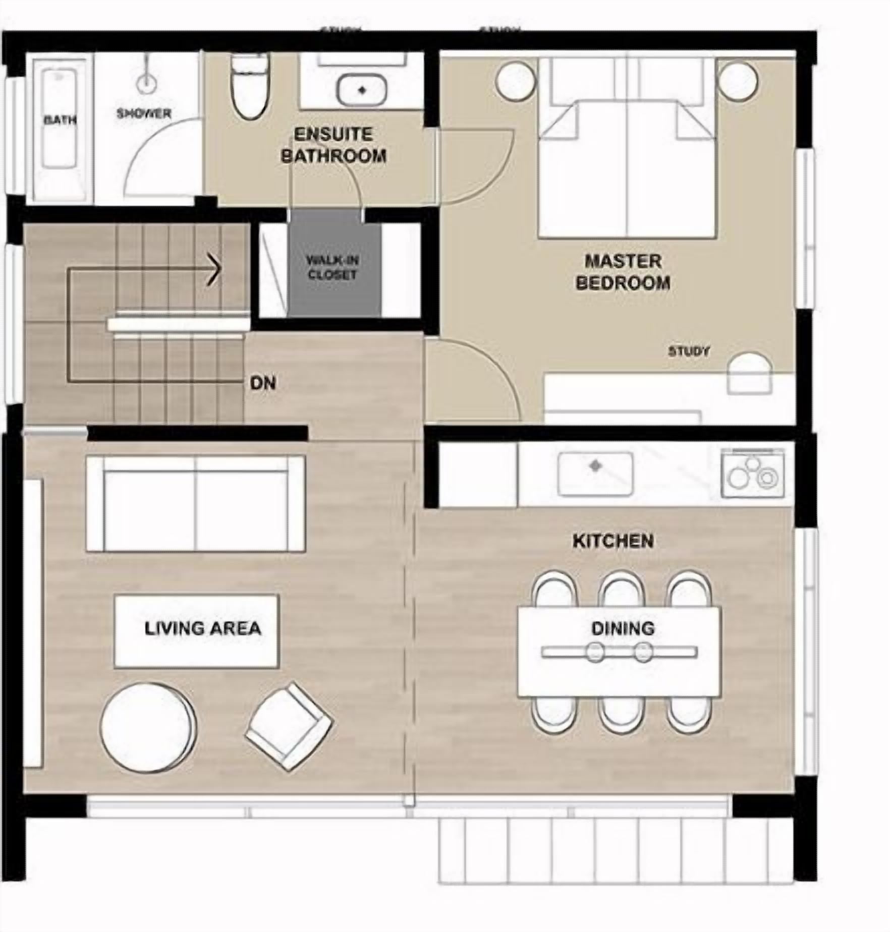 En planritning över ett hotellrum med ett sovrum, ett en-suite-badrum, en rymlig klädkammare, ett större badrum, ett arbetsrum, ett kök, en matplats och ett vardagsrum.