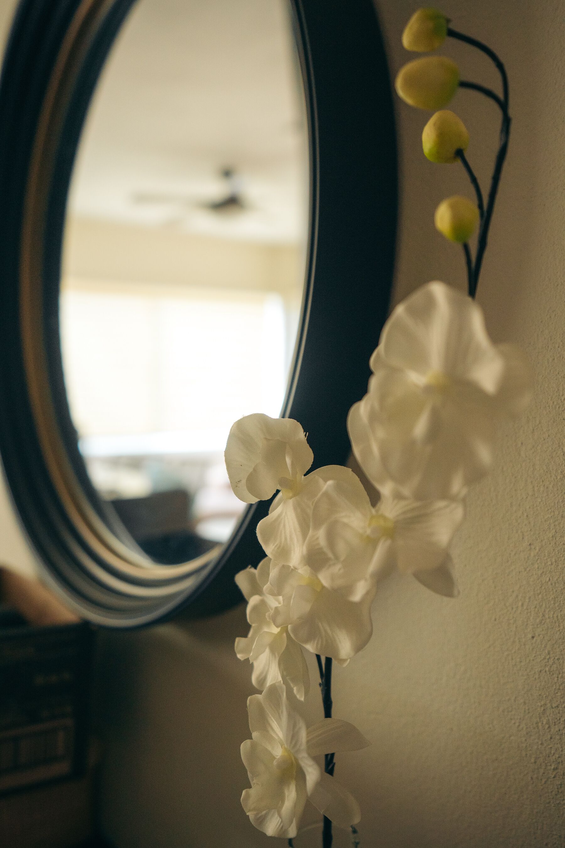 A white orchid in a vase on a wall with a mirror reflecting a ceiling fan.