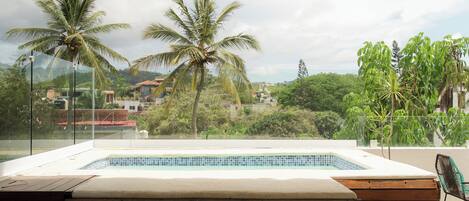 Zona de piscina con techo de paja, una mesa redonda y sillas, rodeada de plantas en macetas y con vistas panorámicas a palmeras y edificios.