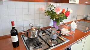 A kitchen with a stove, pots, a wine bottle, a vase with flowers, and a coffee maker. - Basic two-room apartment in the city center with kitchen and private parking (AREZZO)