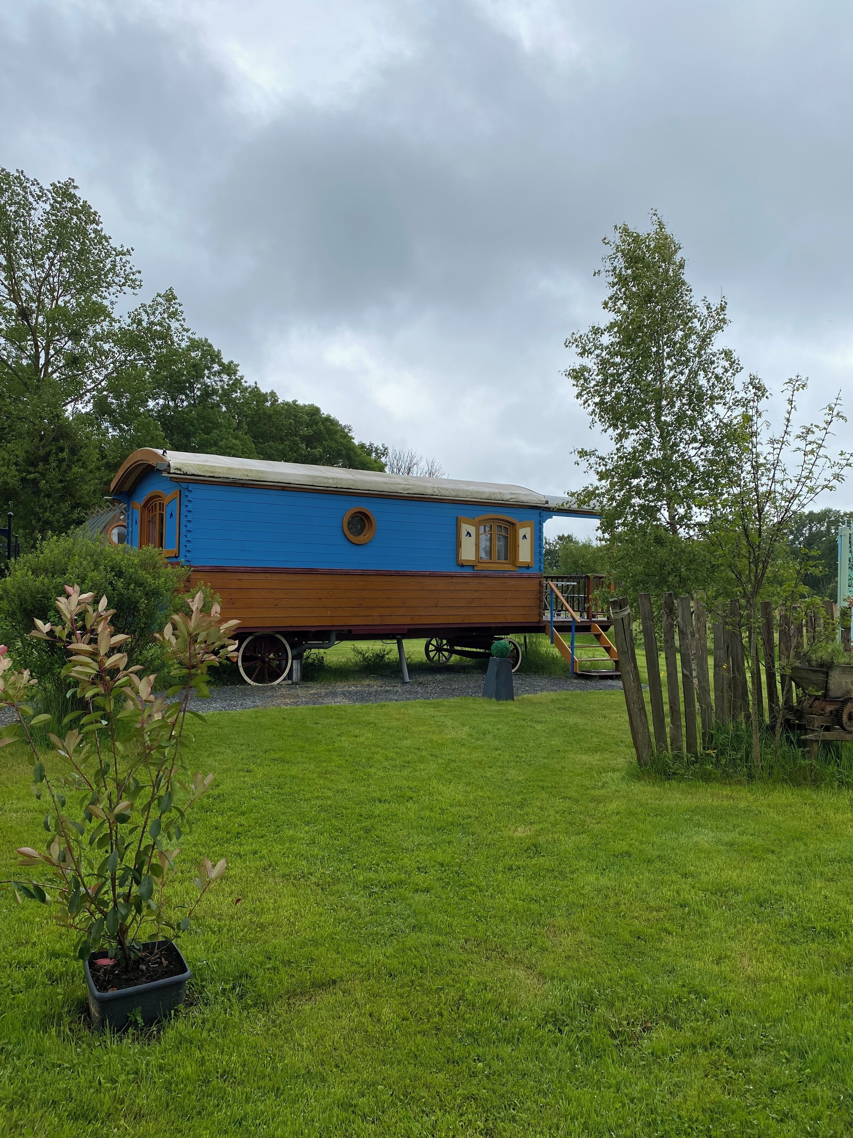 A blue and brown houseboat with a small deck and a round window, surrounded by greenery and a cloudy sky.