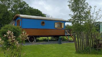A blue and brown houseboat with a small deck and a round window, surrounded by greenery and a cloudy sky.