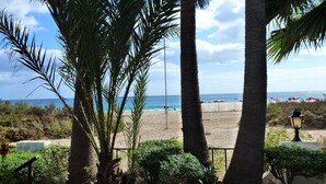 Vista de playa con palmeras y un farol.