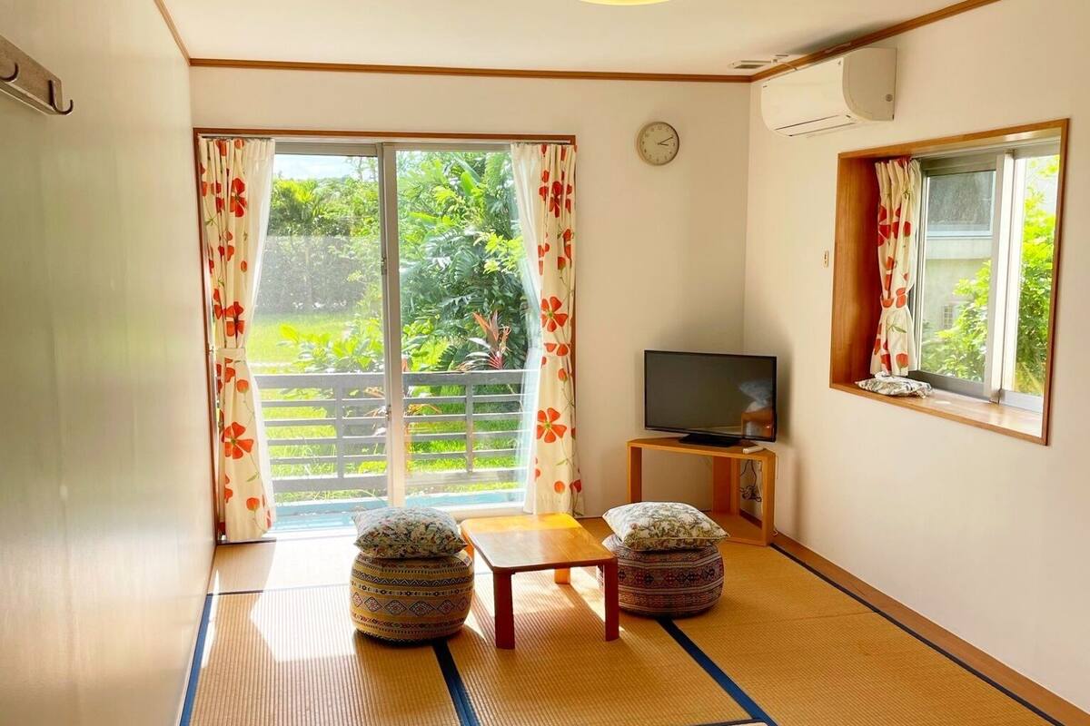 A room with tatami flooring, a television, a small table, two cushions, and a sliding door leading to a balcony.