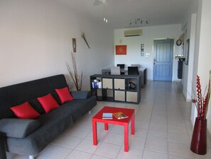 Flat-screen TV, books, stereo